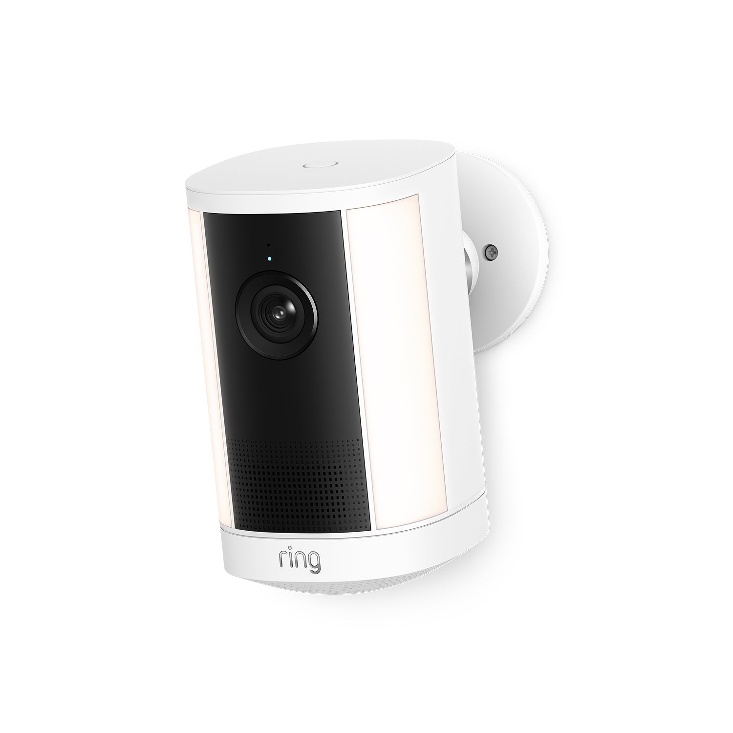 Weiße Ring Spotlight Camera Plus Batterie mit verstellbarer Halterung auf neutralem Hintergrund