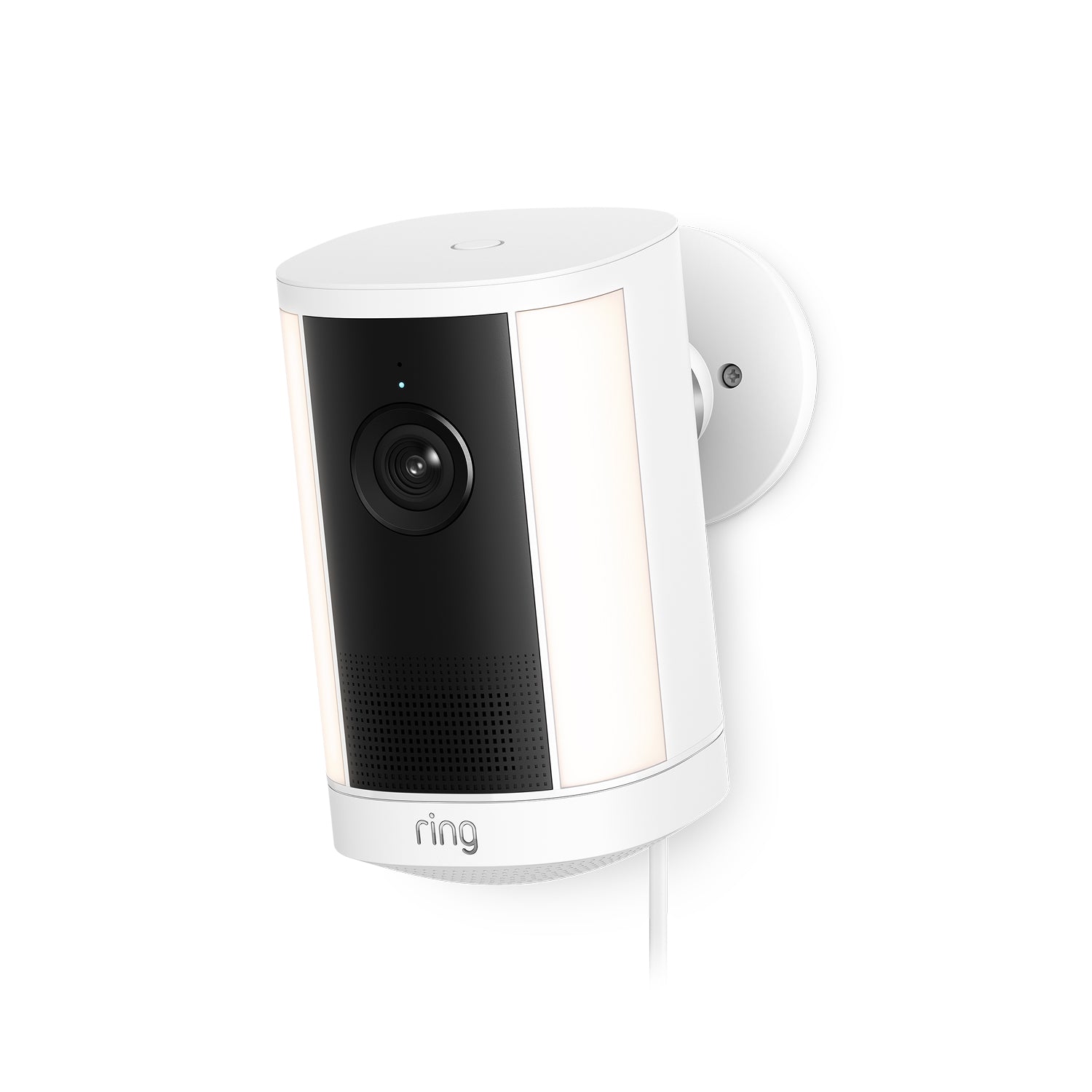 Ring Spotlight Camera Plus Plug-in weiß mit verstellbarer Halterung vor neutralem Hintergrund