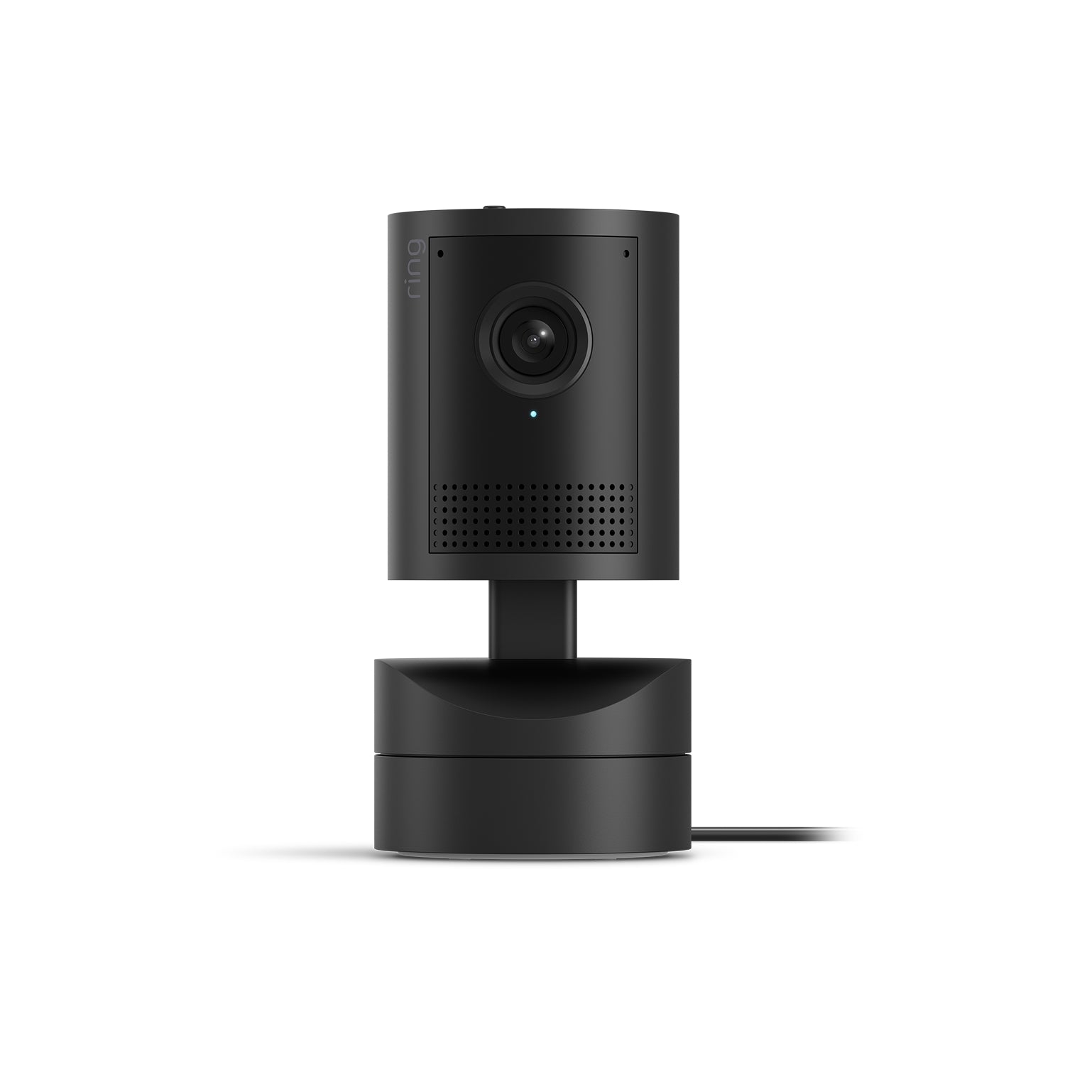 Schwarze Pan-Tilt Indoor Camera 2K auf weißem Hintergrund, von vorne auf motorisierter Basis gezeigt.