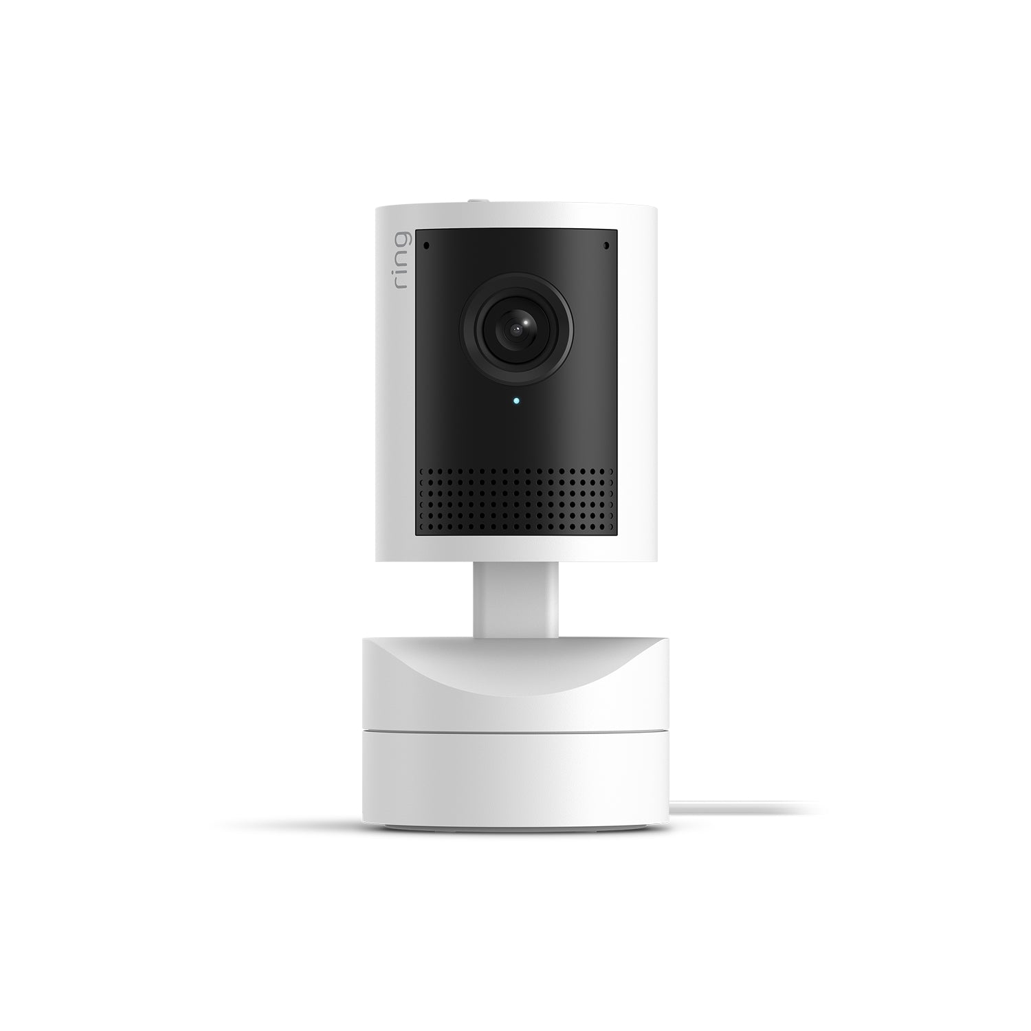 White:White Pan-Tilt Indoor Camera 2K auf weißem Hintergrund, von vorne auf motorisierter Basis gezeigt.