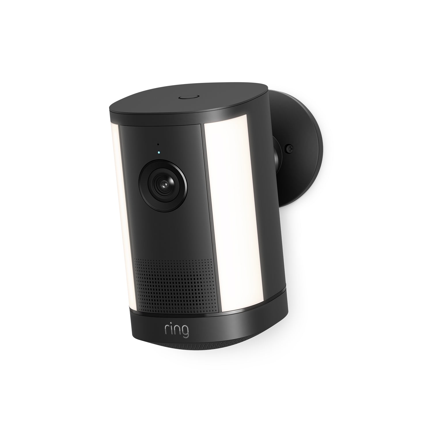 Schwarze Ring Spotlight Camera Plus mit Akku und verstellbarer Halterung vor neutralem Hintergrund