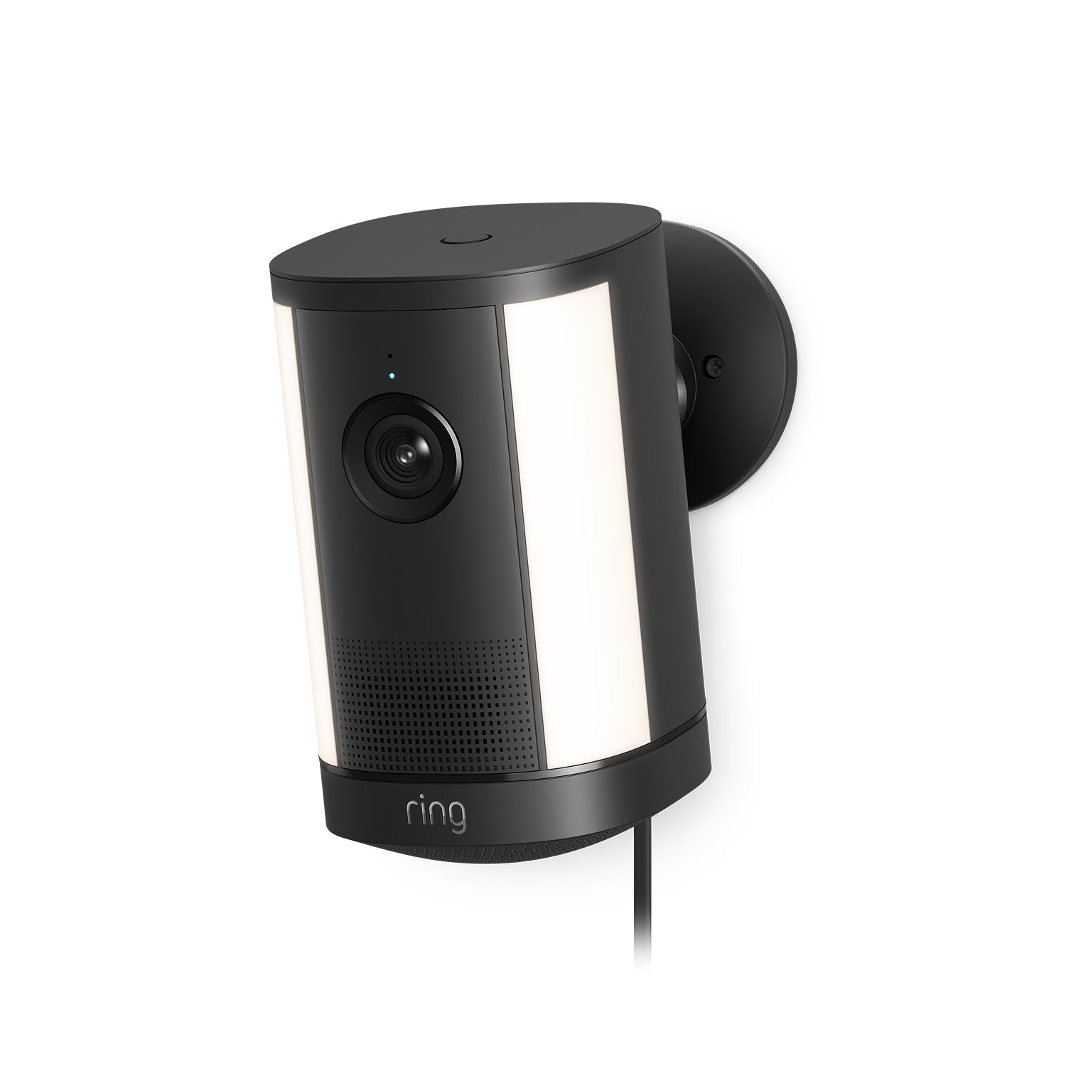 Ring Spotlight Camera Plus Plug-in schwarz mit verstellbarer Halterung vor neutralem Hintergrund