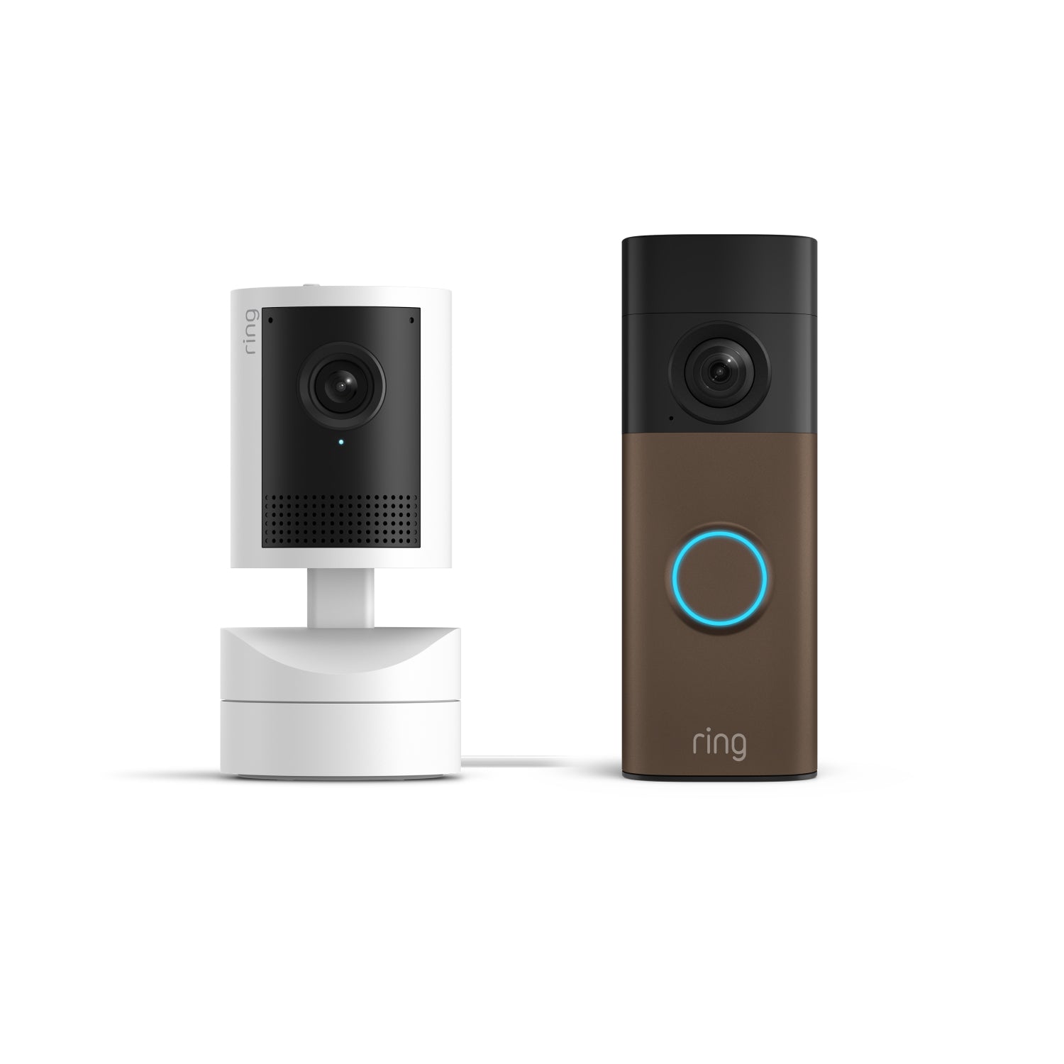 Mokka matt:Battery Video Doorbell 2K neben Pan-Tilt Indoor Cam 2K auf weißem Hintergrund
