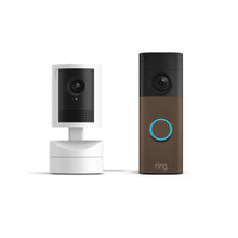 Mokka matt:Battery Video Doorbell 2K neben Pan-Tilt Indoor Cam 2K auf weißem Hintergrund