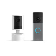 Grau gesprenkelt:Battery Video Doorbell 2K und Pan-Tilt Indoor Cam 2K in Speckled Grey auf weißem Hintergrund