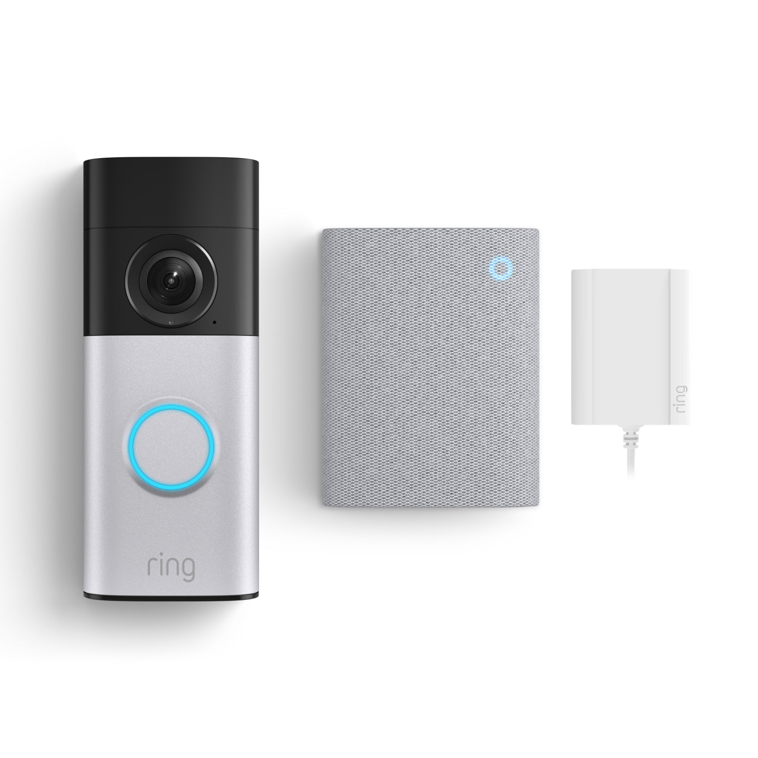 Wired Video Doorbell Plus und Chime (3. Gen.) nebeneinander vor einem weißen Hintergrund.