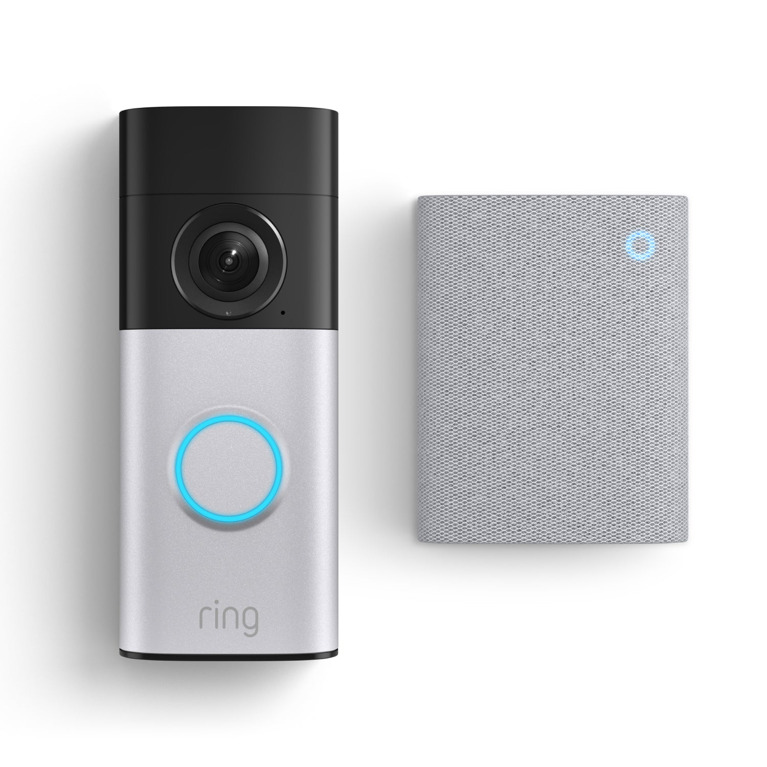 Wired Video Doorbell Plus und Chime (3. Gen.) nebeneinander vor einem weißen Hintergrund.