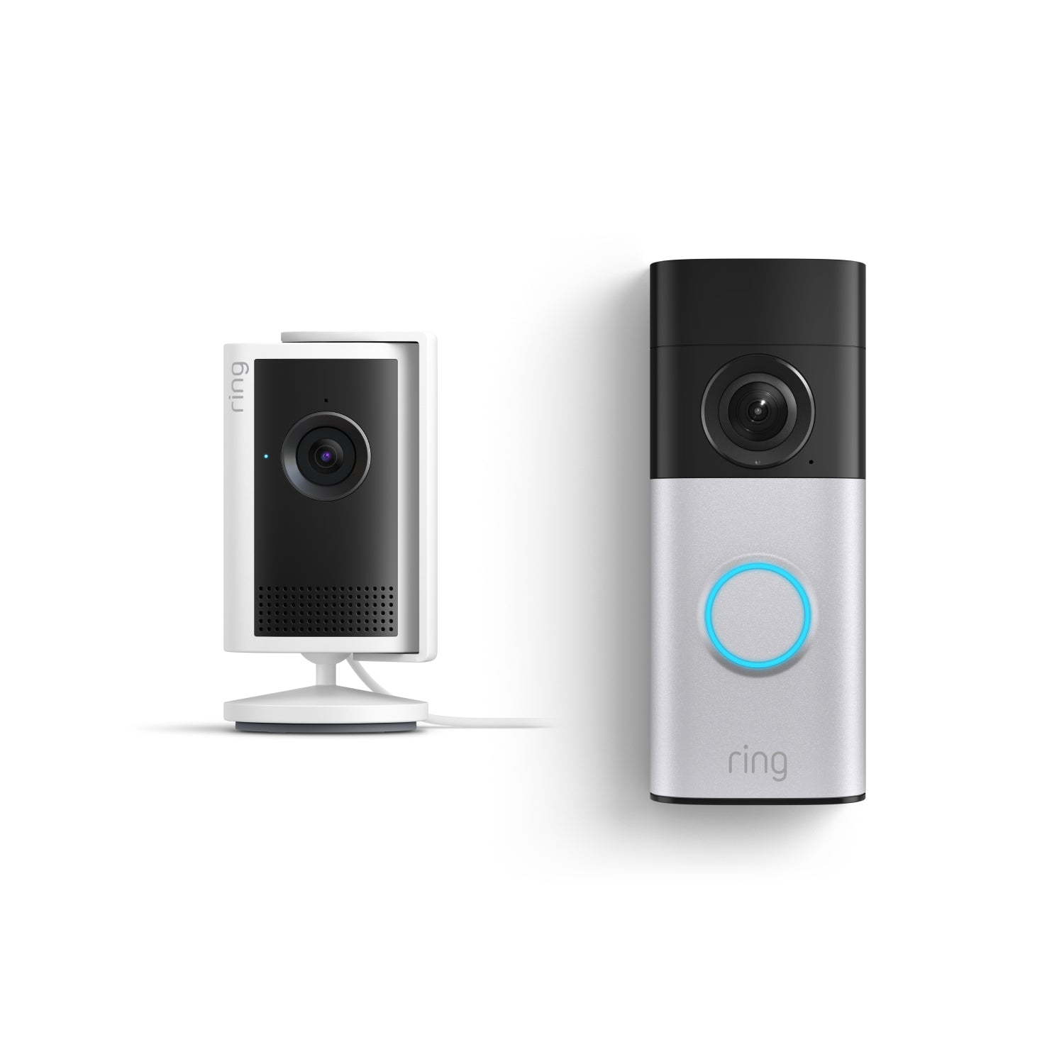Wired Video Doorbell Plus und Chime (3. Gen.) nebeneinander vor einem weißen Hintergrund.